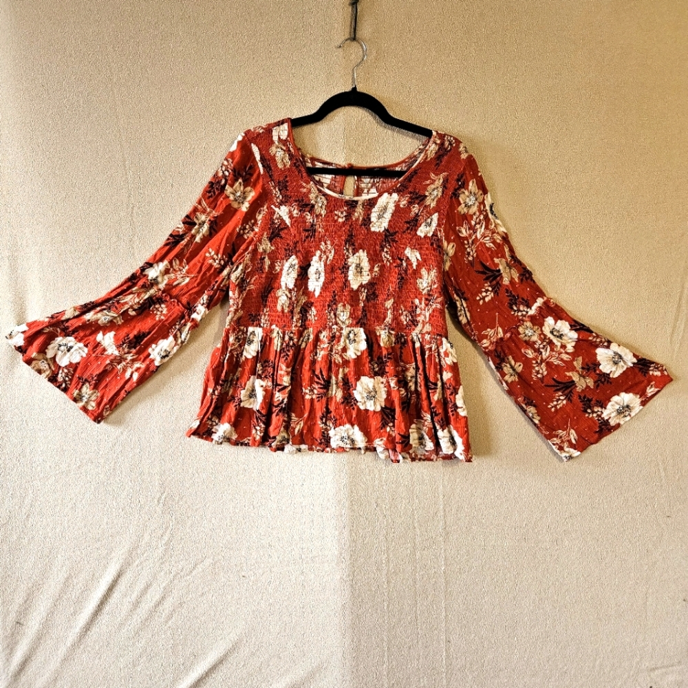 Torrid Floral Red/Orange Women's Babydoll Longsleeve Top In 2x